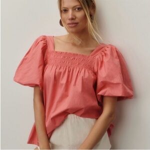 Maeve Anthropologie Puff Sleeve Square Neck Smocked Top XS Pink NEW!